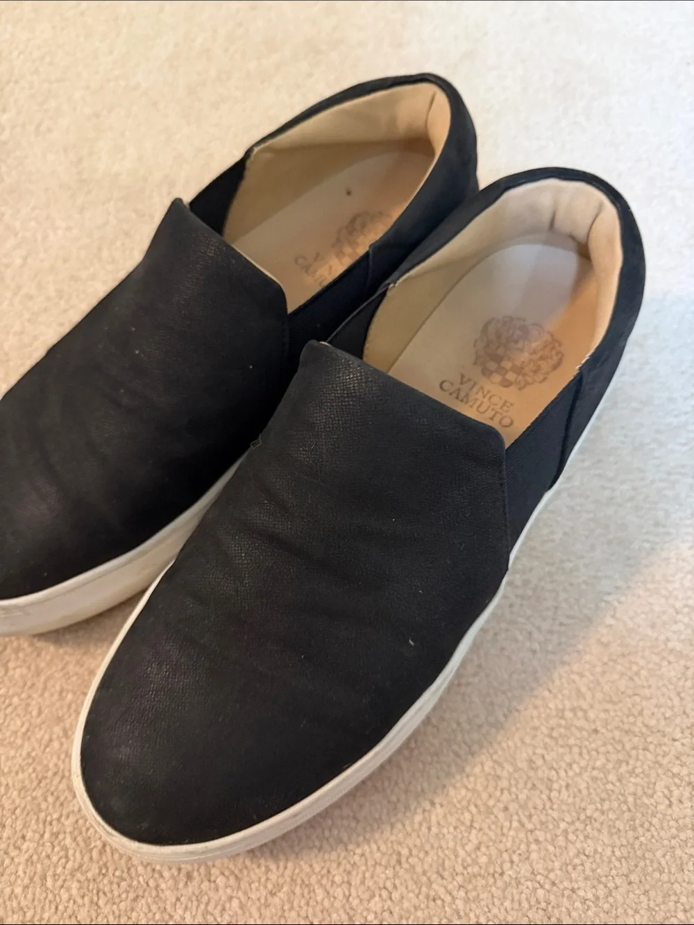 Vince Camuto Black Canvas Slip-On Loafers with White Sole